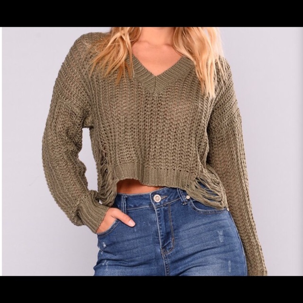 Fashion Nova, Olive long sleeve crop sweater.